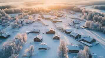 Aerial view of a serene winter village at sunrise with snow-covered homes and trees in a tranquil, remote landscape photo