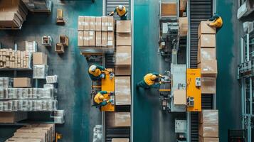 Workers sorting packages in a modern warehouse with conveyor belts and organized boxes during the afternoon shift photo