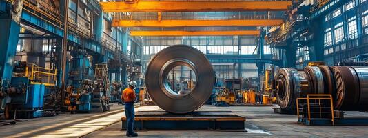 A worker inspects a large metallic ring inside a bustling industrial workshop during daytime hours photo