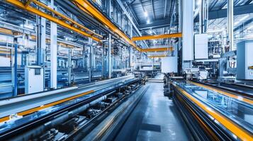 Advanced automated manufacturing line in a large facility showcasing robotic efficiency during daytime operations photo
