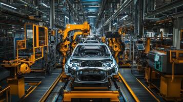 Advanced robotic assembly line in an automobile manufacturing plant during daytime operations photo