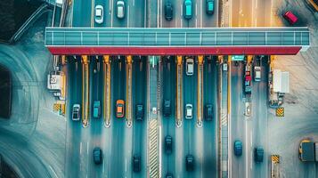 Traffic flows through a busy toll plaza with multiple lanes in a bustling urban area during daytime photo