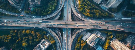 Aerial view of a busy highway interchange surrounded by greenery and skyscrapers in an urban landscape during daylight photo