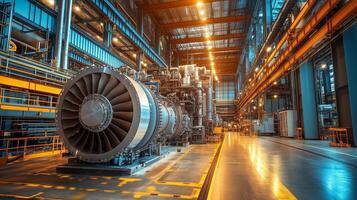 View of a large turbine engine installed in a modern industrial facility under bright artificial lighting during daytime operations photo