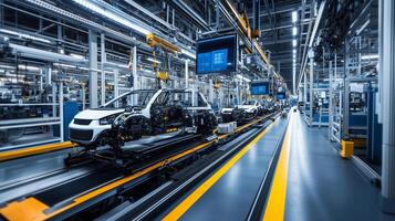 Automobile assembly line with multiple vehicles being constructed in a modern manufacturing facility during daylight hours photo