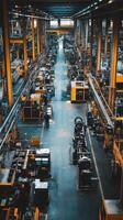Aerial view of a busy industrial manufacturing facility with multiple workstations and machinery in operation during daytime photo