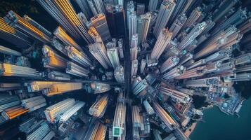 Aerial view of a bustling cityscape with skyscrapers illuminated during dusk near the waterfront, showcasing urban development and architecture photo