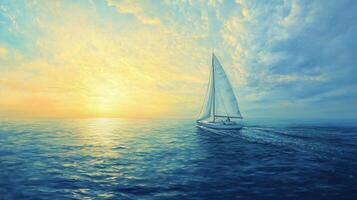 Sailing into the sunset on a calm ocean with vibrant colors at dusk, capturing the beauty of nature and tranquility photo