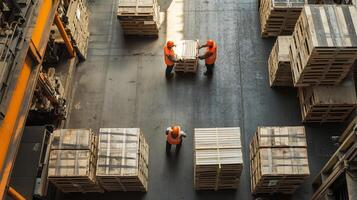 Workers stacking wooden pallets in a large warehouse during daylight hours, showcasing organized storage space photo