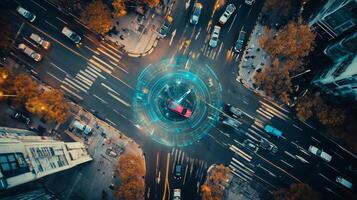 Aerial view of a busy urban intersection with a smart car using technology for navigation and safety features photo