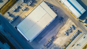 Aerial view of a large distribution warehouse surrounded by parked trailers on a clear day in a commercial area photo