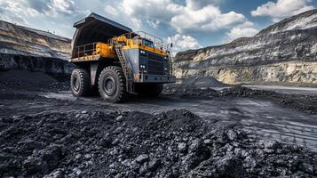 Large construction vehicle working in an expansive coal mine under a cloudy sky during daylight hours photo