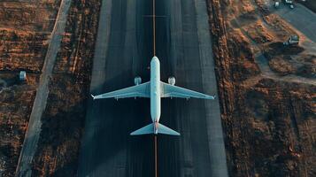 Aerial view of an airplane preparing for takeoff on an airport runway during golden hour lighting in a clear sky photo