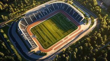 Aerial view of a modern sports stadium surrounded by lush greenery during sunset hours showcasing a soccer field photo