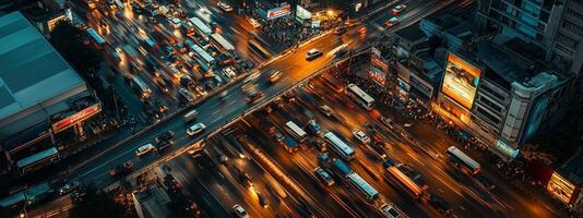 Busy urban intersection at night with flowing traffic highlighting city life dynamics in an illuminated metropolis photo