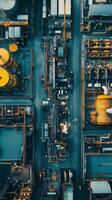 Aerial view of a busy industrial complex featuring large storage tanks and extensive piping systems during the day photo