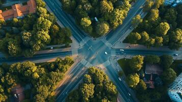 An aerial view of a busy intersection surrounded by lush trees in a vibrant urban environment during daylight hours photo