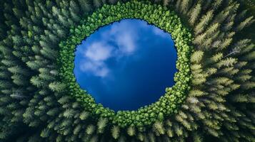 Aerial view of a circular lake surrounded by lush green forests under a clear blue sky in the early morning hours photo
