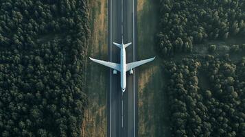 An airplane taking off from a runway surrounded by lush green trees in the early morning light photo