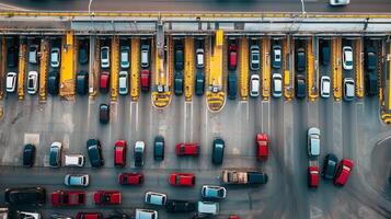 Traffic congestion at a busy toll plaza during the late afternoon rush hour with a mix of vehicles lining up for payment photo