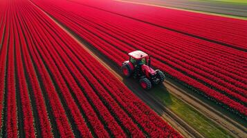 Tractor operating in vibrant red flower fields during spring on a sunny day in the countryside photo