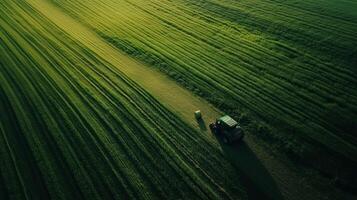 Tractor working on a lush green field during golden hour, with neatly arranged crop rows highlighting the rural landscape photo