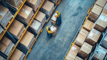 Workers organizing packages in a large warehouse during the day, ensuring efficient inventory management and storage practices photo