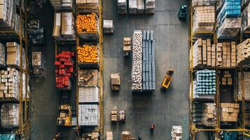 Aerial view of a busy warehouse filled with organized stacks of boxes and goods during daylight hours photo