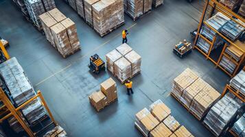 Warehouse workers handling pallets of goods in a large distribution center during daylight hours photo