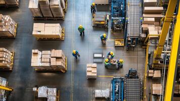 Workers organizing packages in a large warehouse with automated machinery during daytime operations photo