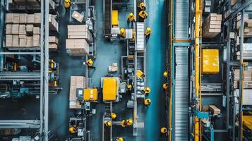 Workers efficiently manage packages on conveyor belts in a large warehouse during peak operational hours photo