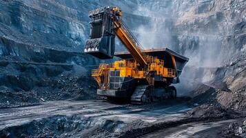 Heavy machinery operates in a mining site, extracting minerals during daylight hours in an open pit environment photo