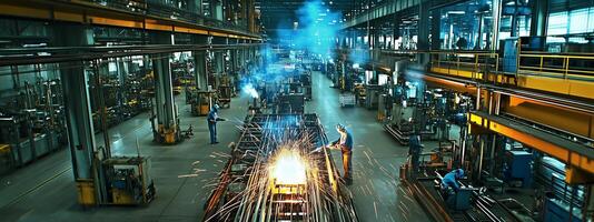 Welding and fabrication in a bustling industrial factory during daytime with engineers working on metal structures photo