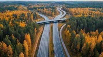 Aerial view of winding highways intersecting through vibrant autumn forests in a tranquil landscape photo