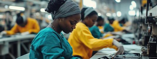 Women engaged in textile manufacturing at a factory during the day, showcasing craftsmanship in a vibrant work environment photo