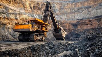 Heavy excavator operates in a large open-pit mine during the early morning hours, digging through layers of rock and soil photo