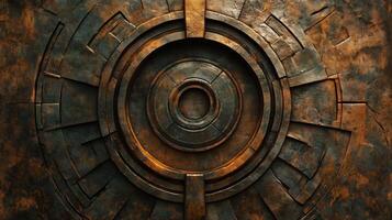 Intricate circular metal design on an industrial surface illuminated by moody lighting photo