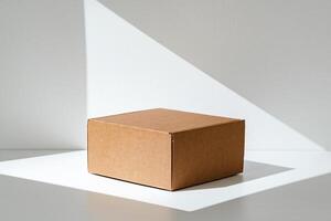Simple brown cardboard box positioned on a white surface with soft angled shadows in natural light photo