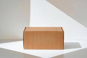 Simple brown cardboard box positioned on a white surface with soft angled shadows in natural light photo