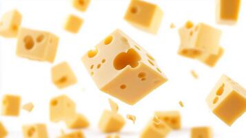Floating cheese cubes in mid-air showcase vibrant color and unique texture against a bright white background photo