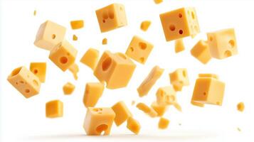 Floating cheese cubes against a plain background showcase the playful nature of food and capture a whimsical culinary moment photo
