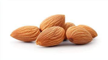 Fresh raw almonds arranged neatly on a white surface, showcasing their natural texture and color, perfect for healthy snacking or culinary uses photo