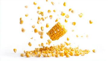 Fresh corn kernels bursting from an ear of corn with a clean white background during a food photography session photo