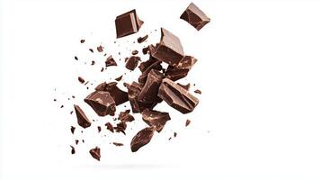 Dark chocolate chunks falling and breaking apart against a clean white background in a dynamic display of texture and motion photo
