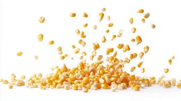 Yellow corn kernels scattered against a white background in a dynamic and vibrant display of texture and color photo