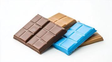 Colorful varieties of chocolate bars displayed on a clean background, showcasing unique flavors and textures for connoisseurs photo