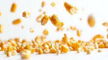 Golden corn kernels suspended in the air against a light background create a striking visual display of natural grains photo