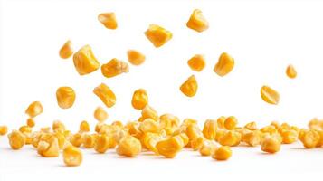 Yellow corn kernels falling against a white background captured in a moment of dynamic motion photo