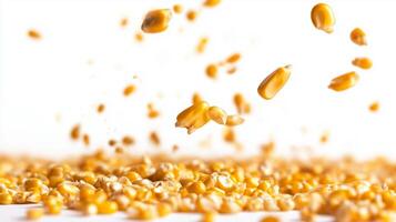 Yellow corn kernels falling against a white background in a dynamic arrangement, capturing their texture and color during a freeze-motion moment photo