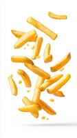 Perfectly golden French fries floating in the air against a clean white background, showcasing their crispy texture and inviting appearance photo